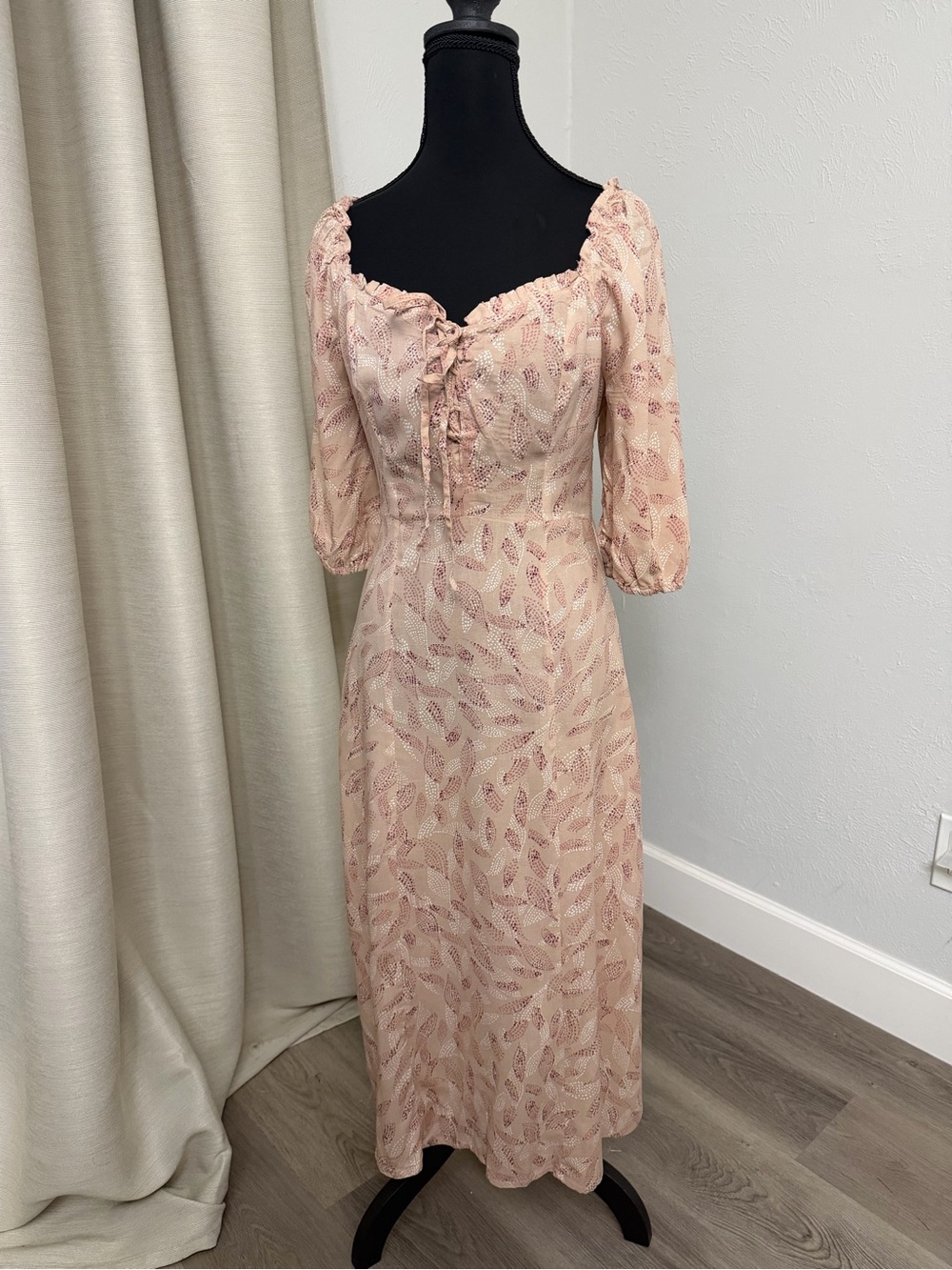 Sincerely Jules Peach Leaf-Print Maxi Dress with Lace-Up Front